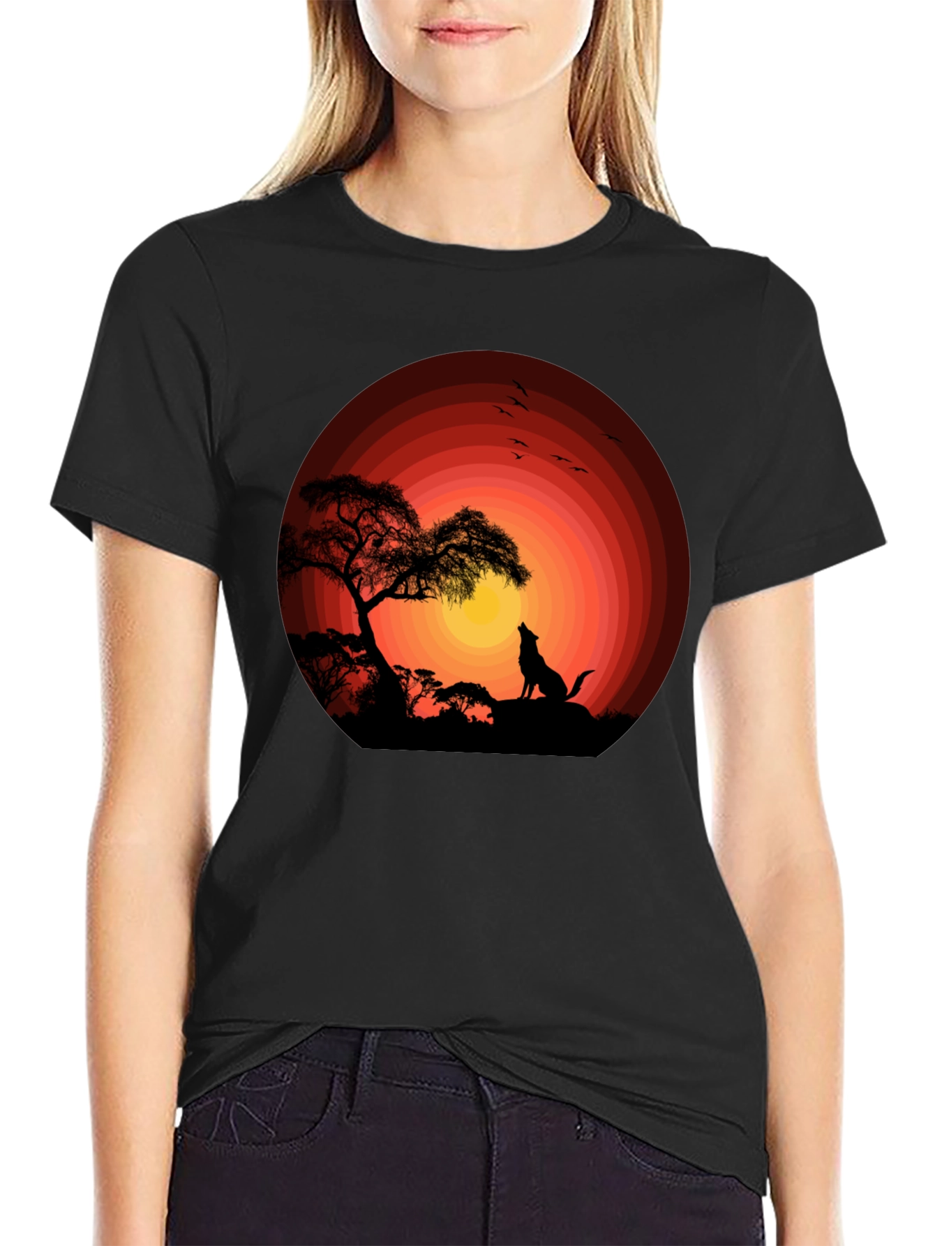 Sunset Silhouette Wolf Graphic Tee - Black Cotton Blend