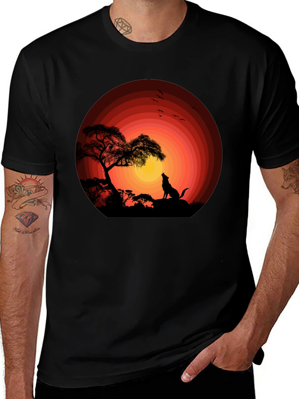 Sunset Silhouette Wolf Graphic Tee - Black Cotton Blend