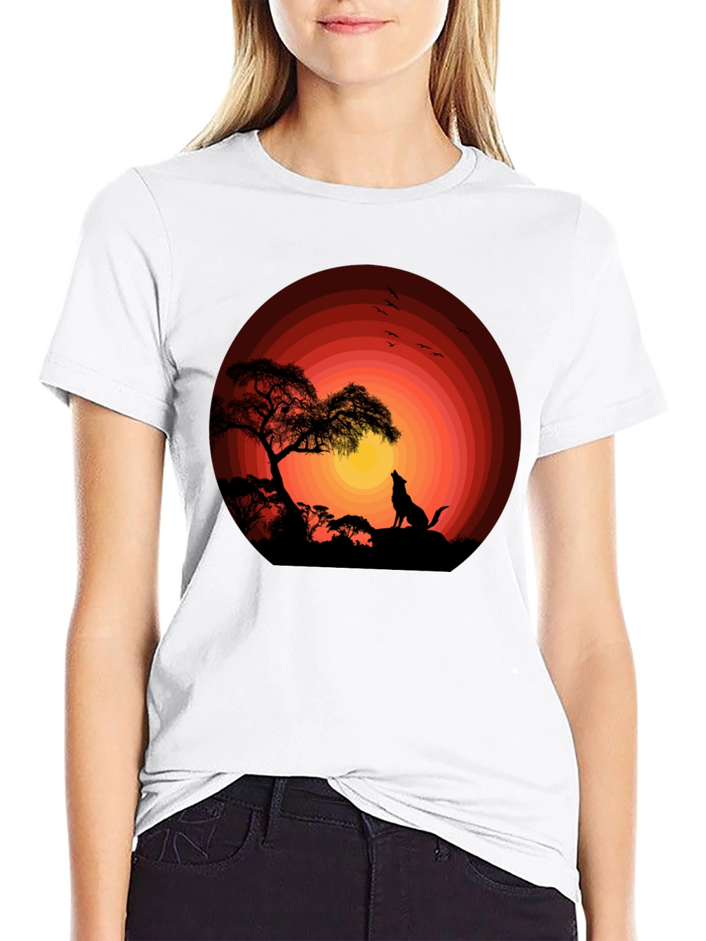 Sunset Silhouette Wolf Graphic Tee - Black Cotton Blend