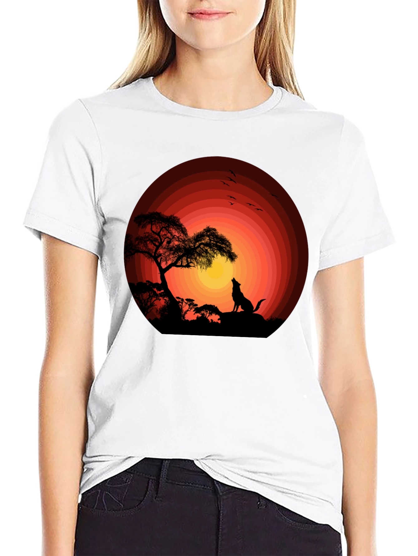 Sunset Silhouette Wolf Graphic Tee - Black Cotton Blend