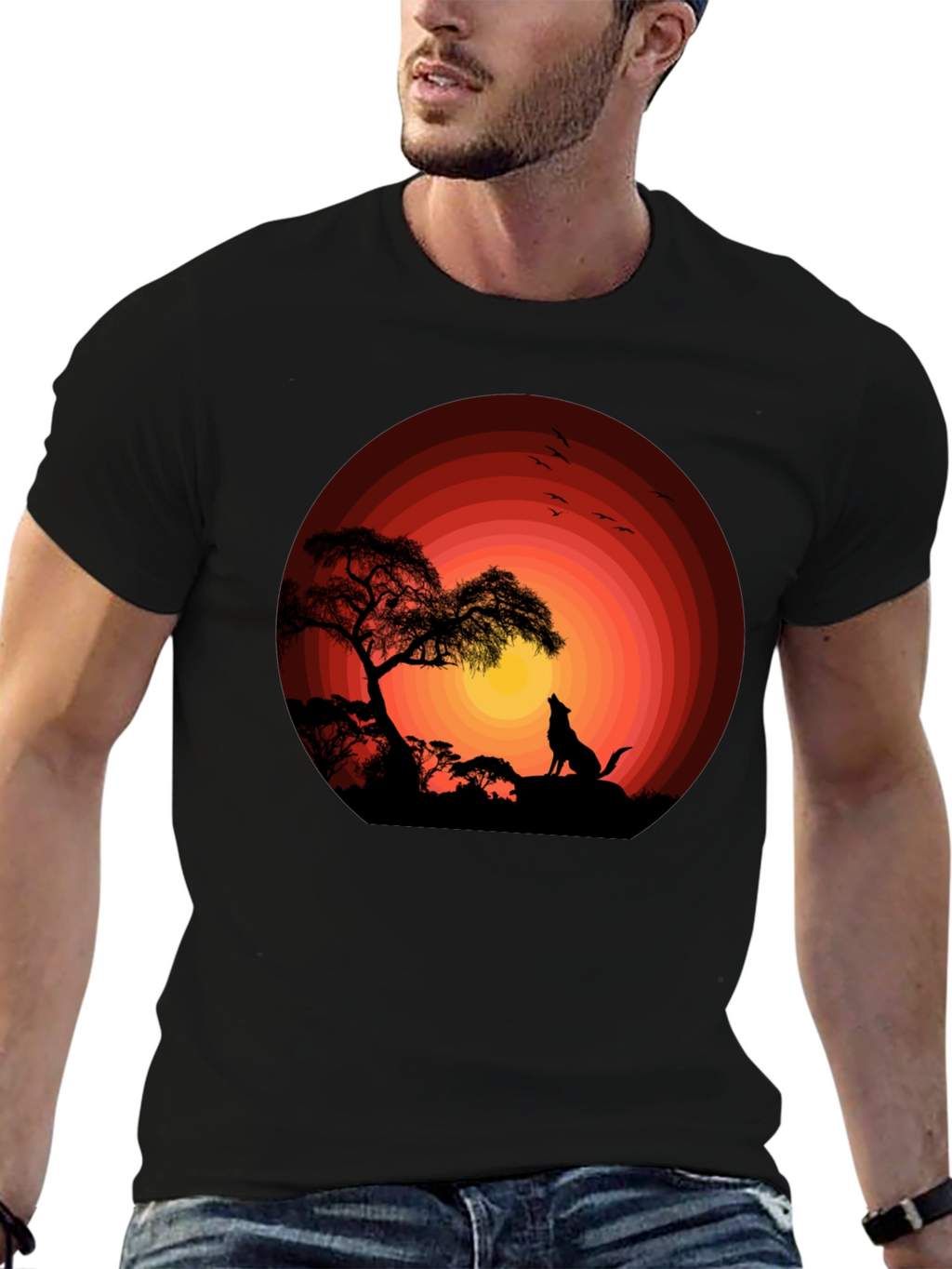 Sunset Silhouette Wolf Graphic Tee - Black Cotton Blend