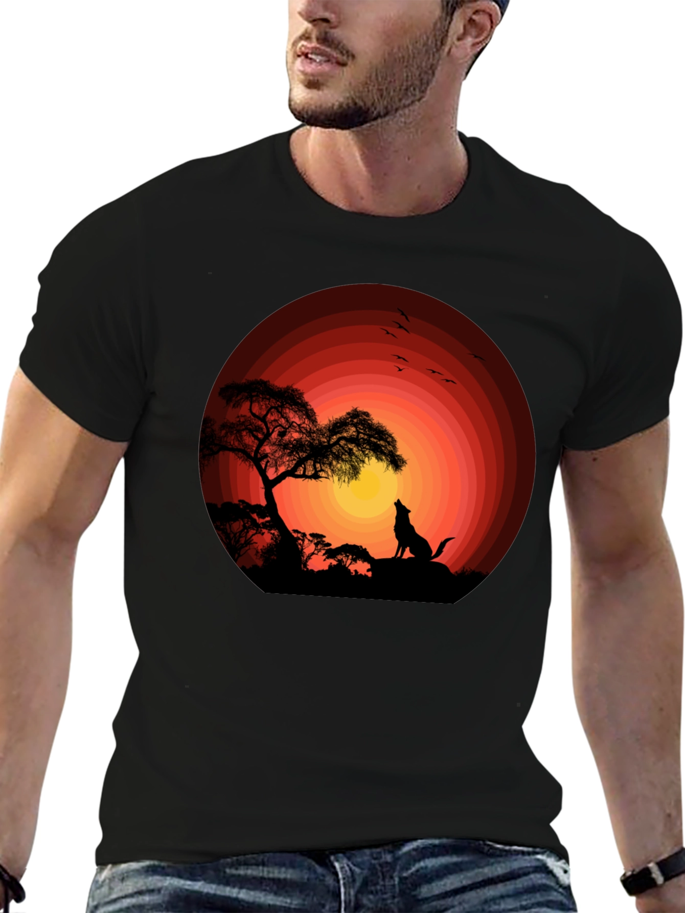 Sunset Silhouette Wolf Graphic Tee - Black Cotton Blend