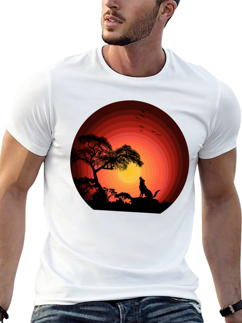 Sunset Silhouette Wolf Graphic Tee - Black Cotton Blend
