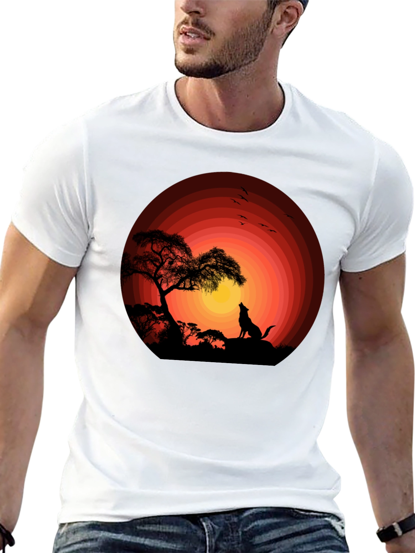 Sunset Silhouette Wolf Graphic Tee - Black Cotton Blend