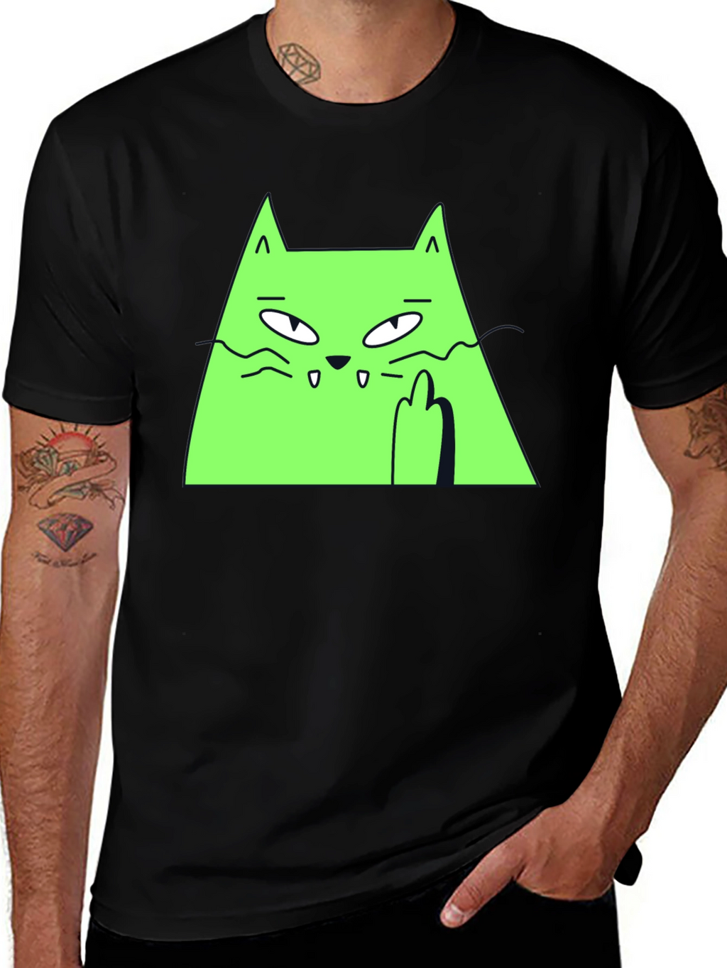 Green Cat Graphic Tee - Black T-Shirt