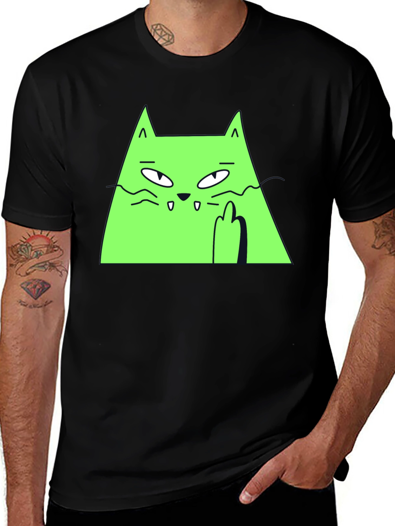 Green Cat Graphic Tee - Black T-Shirt