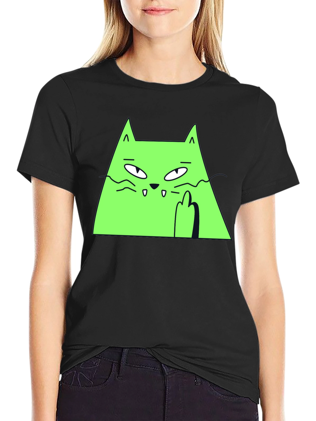 Green Cat Graphic Tee - Black T-Shirt