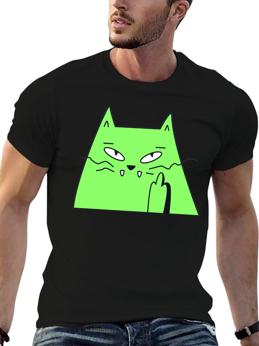 Green Cat Graphic Tee - Black T-Shirt