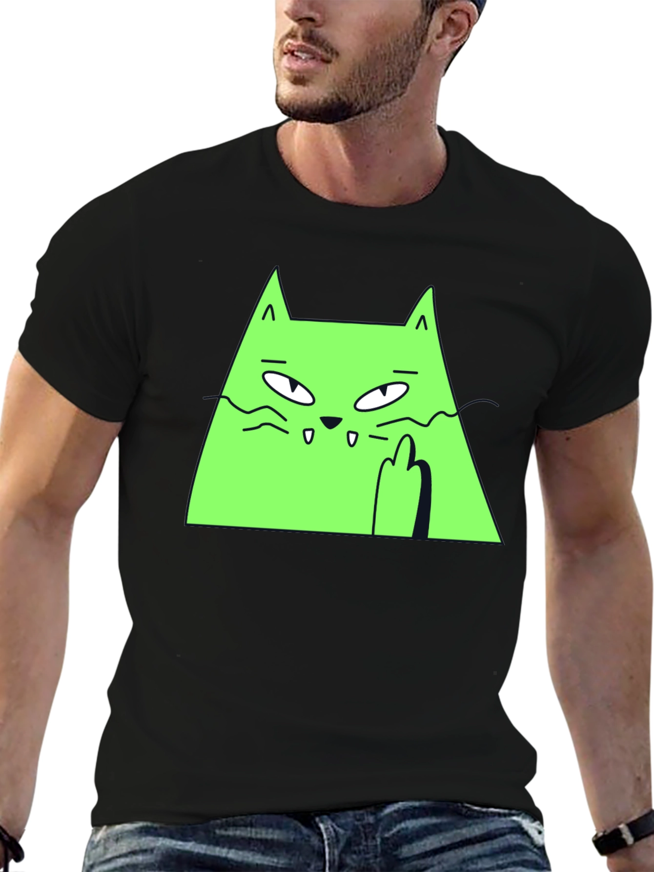 Green Cat Graphic Tee - Black T-Shirt