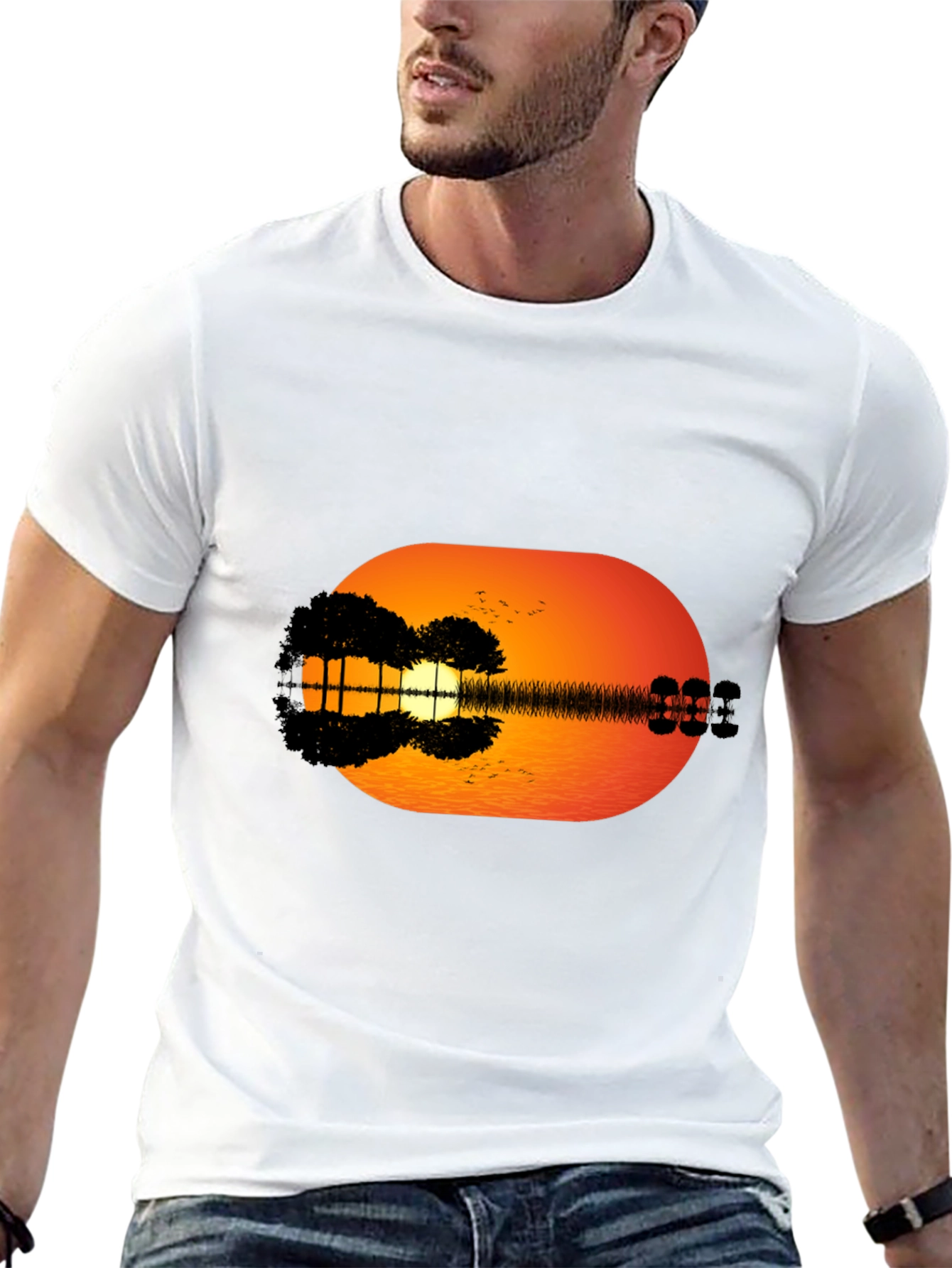 Sunset Guitar Graphic Tee - Black Casual T-Shirt