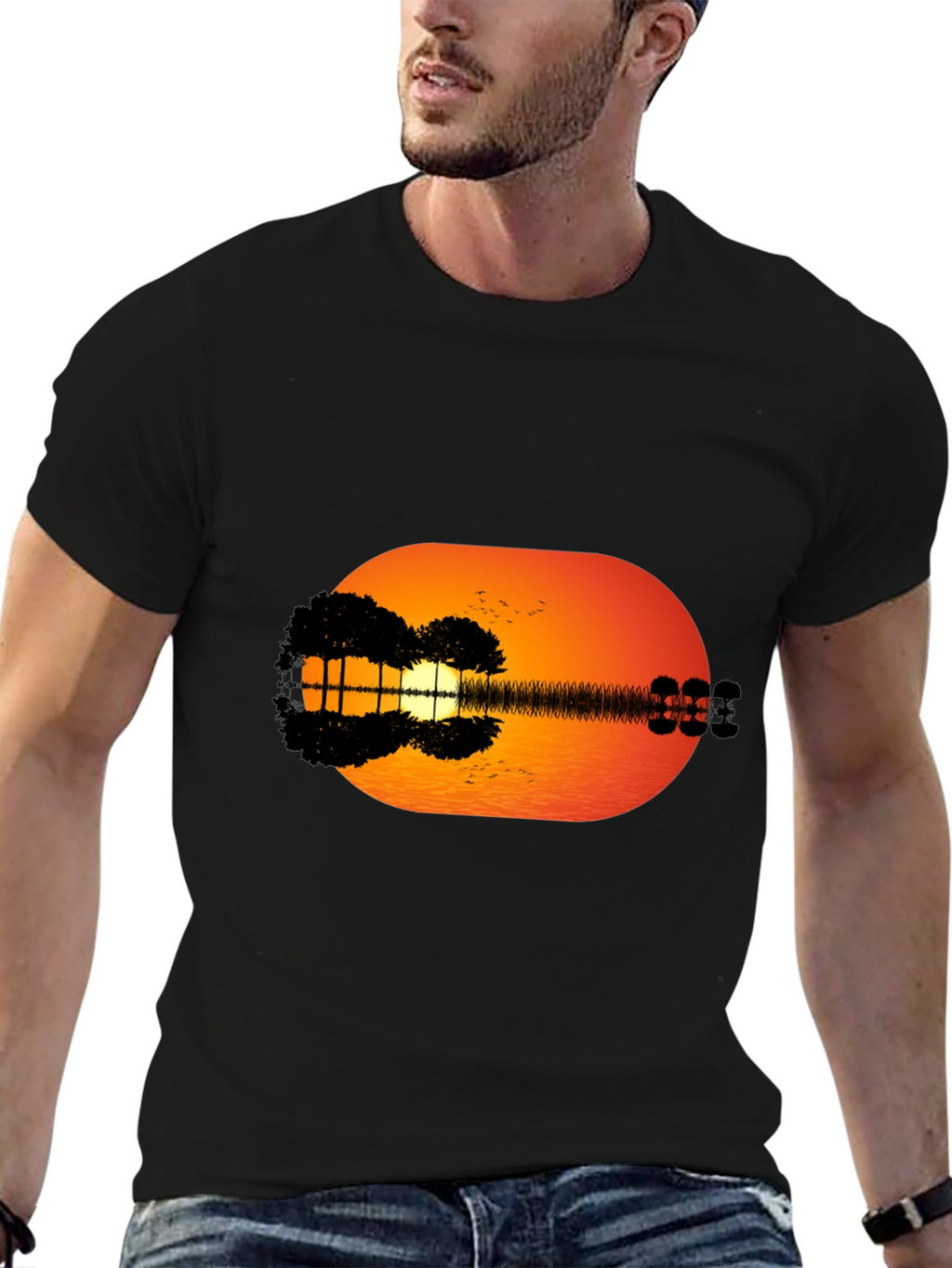 Sunset Guitar Graphic Tee - Black Casual T-Shirt