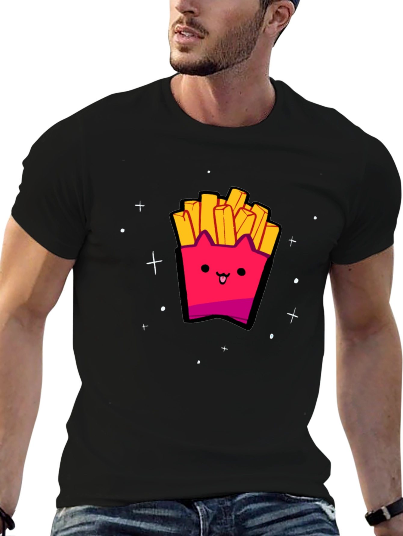 Cute Kawaii Fries Graphic Black T-Shirt