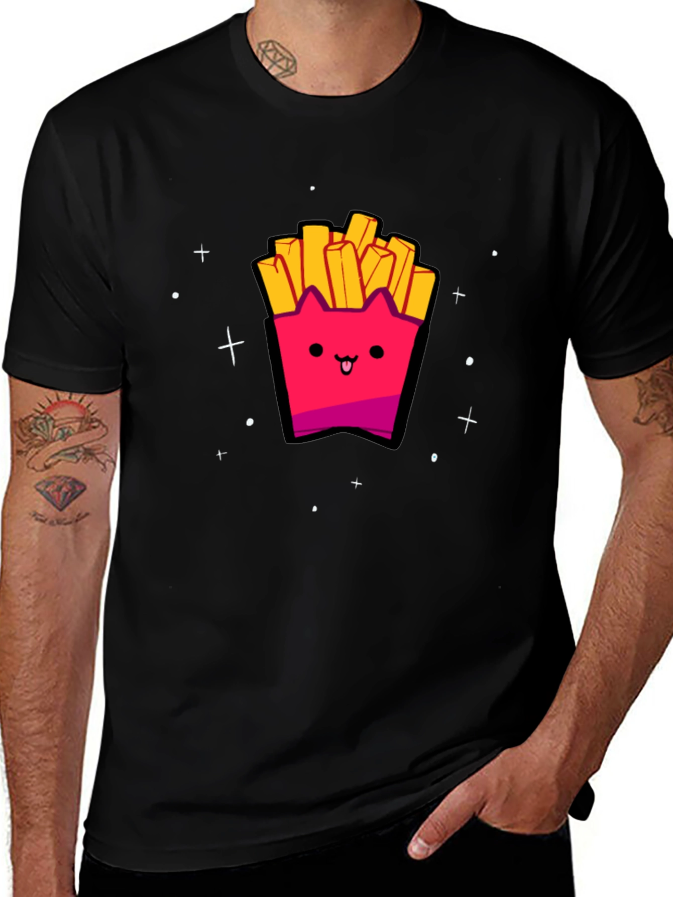 Cute Kawaii Fries Graphic Black T-Shirt
