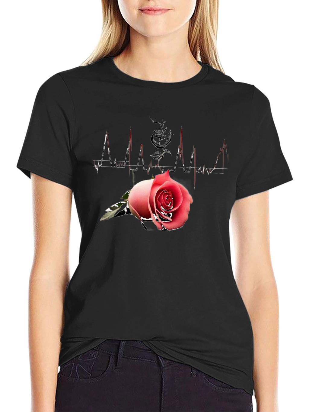Rose Heartbeat Black Tee