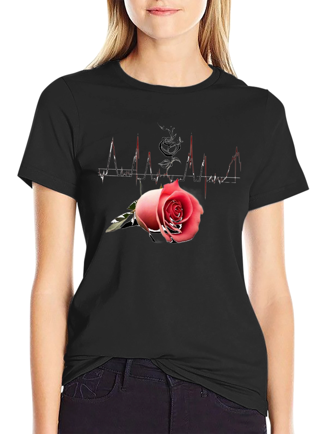 Rose Heartbeat Black Tee