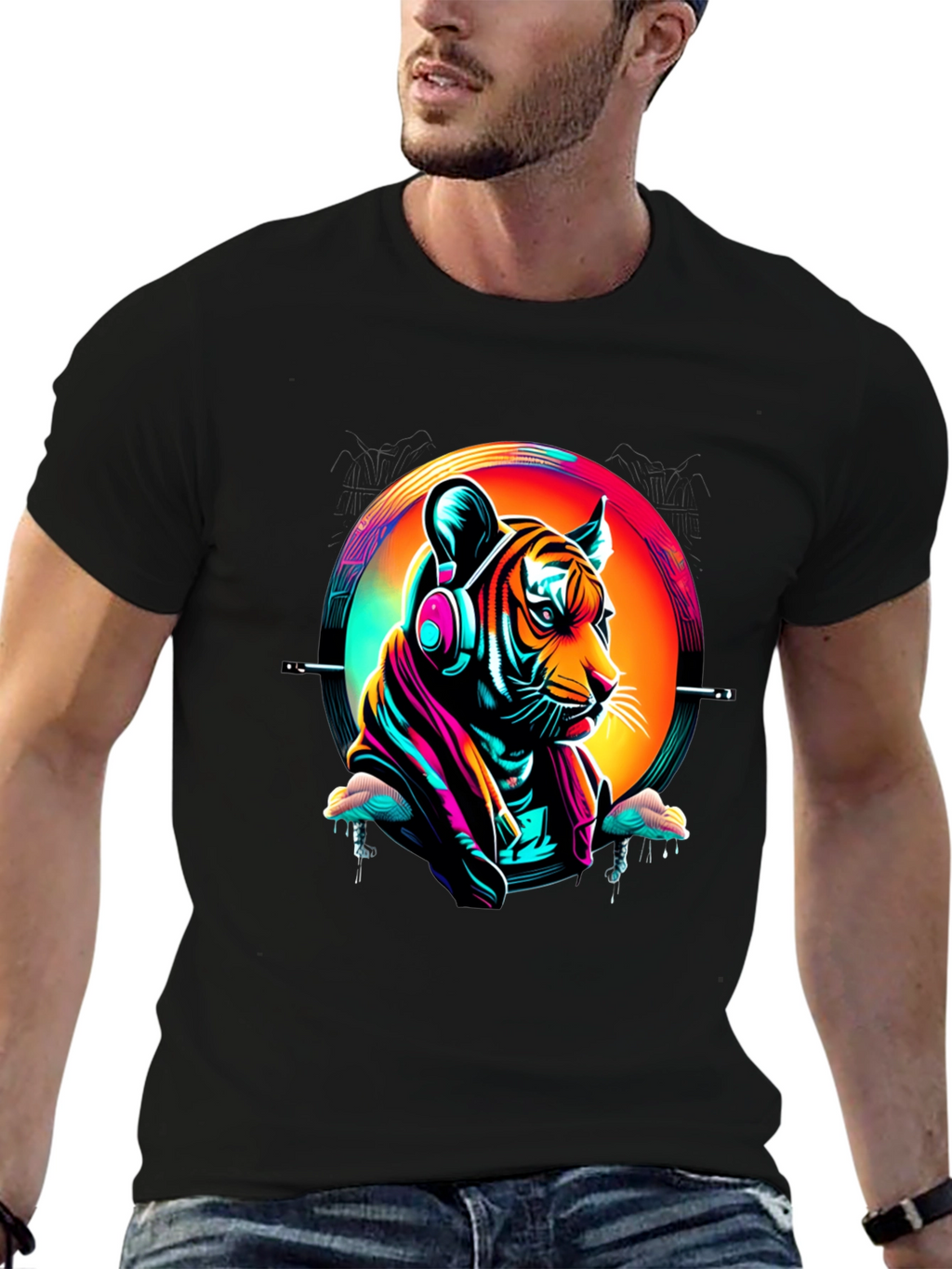 Neon Tiger Graphic T-Shirt - Mens Black Tee