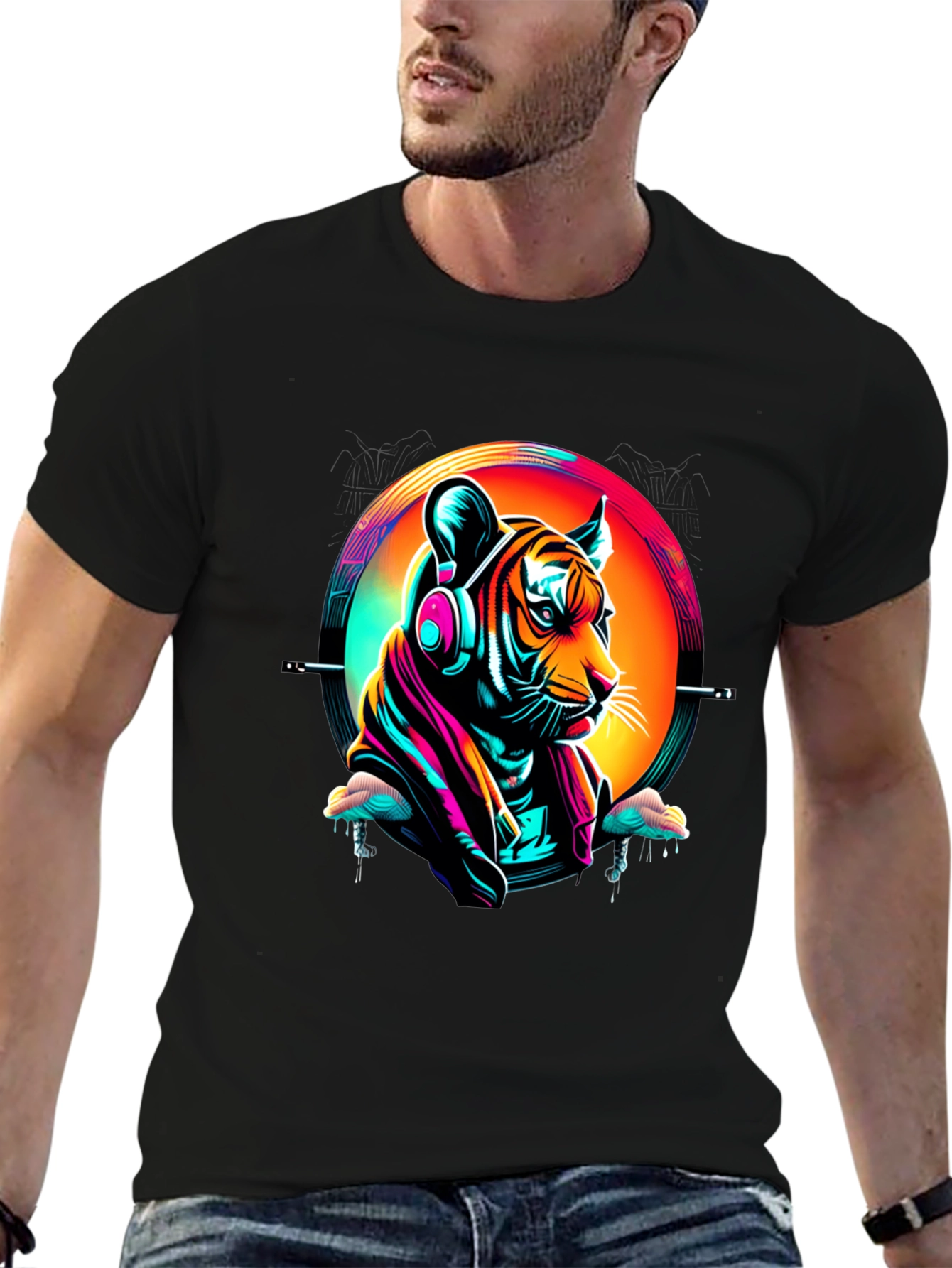 Neon Tiger Graphic T-Shirt - Mens Black Tee