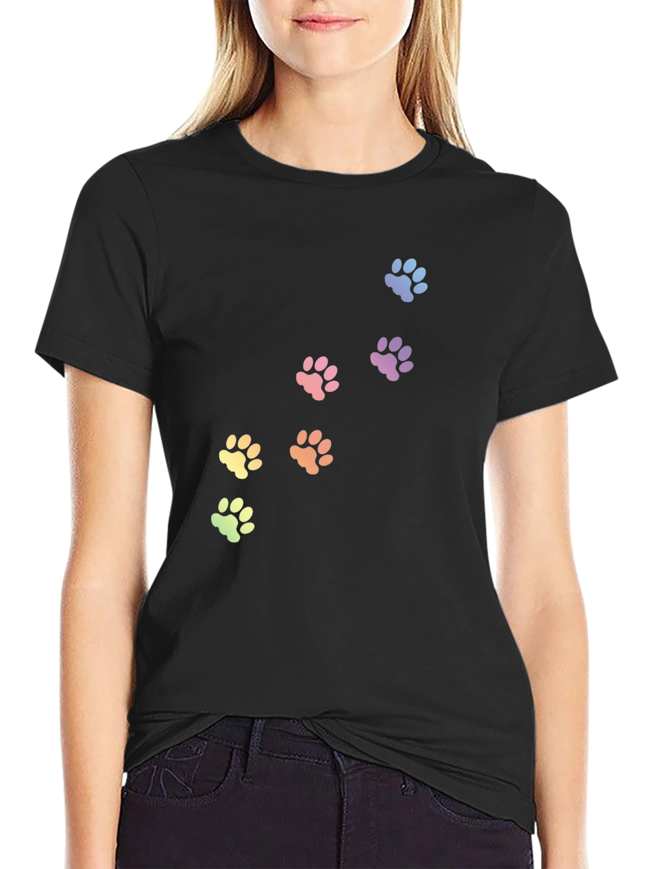 Rainbow Paw Print T-Shirt - Black