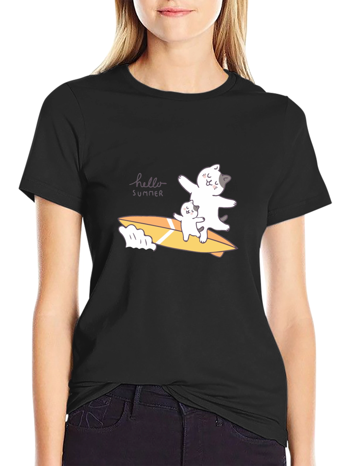 Summer Cats Surfboard Black T-Shirt