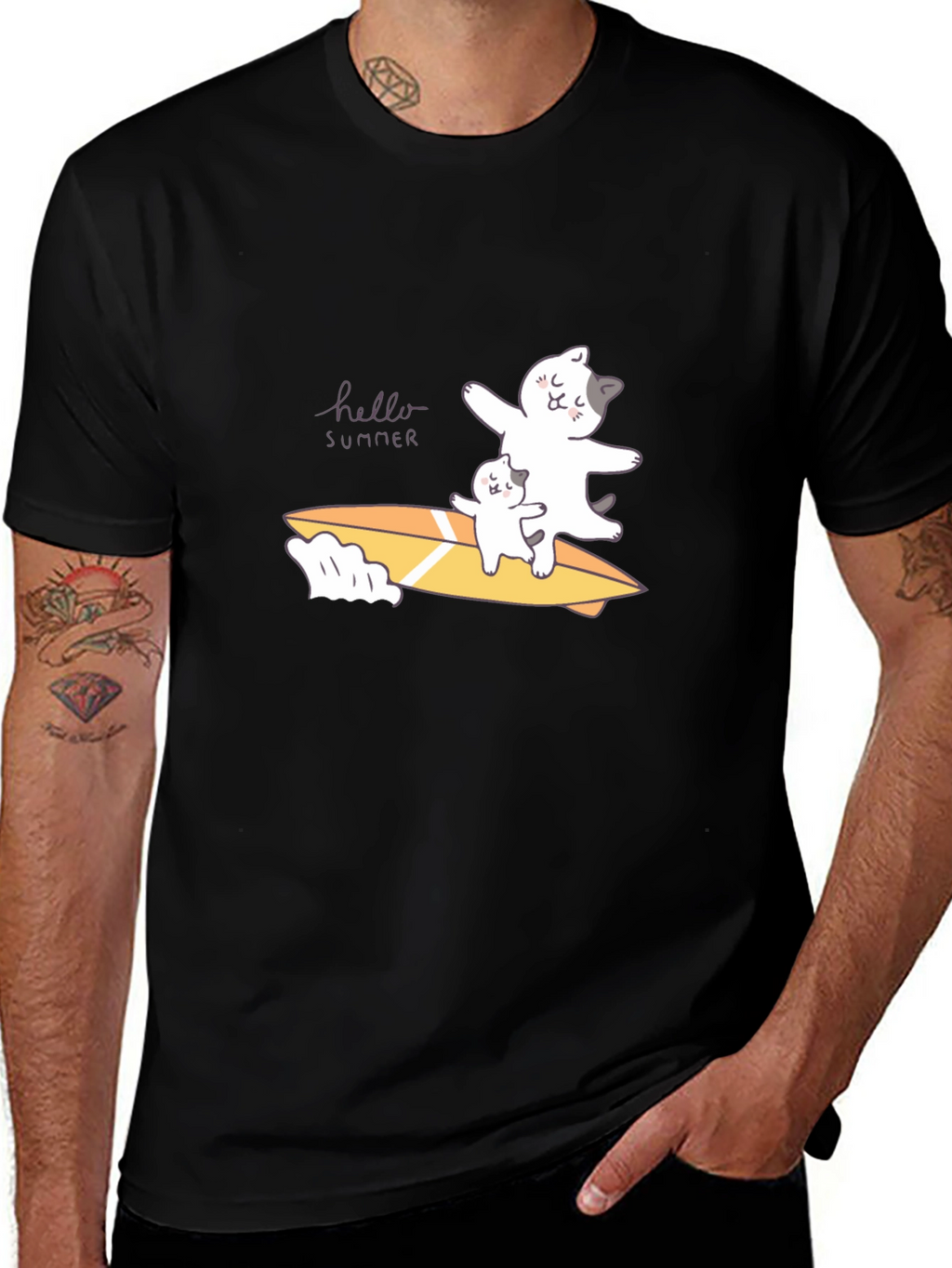 Summer Cats Surfboard Black T-Shirt