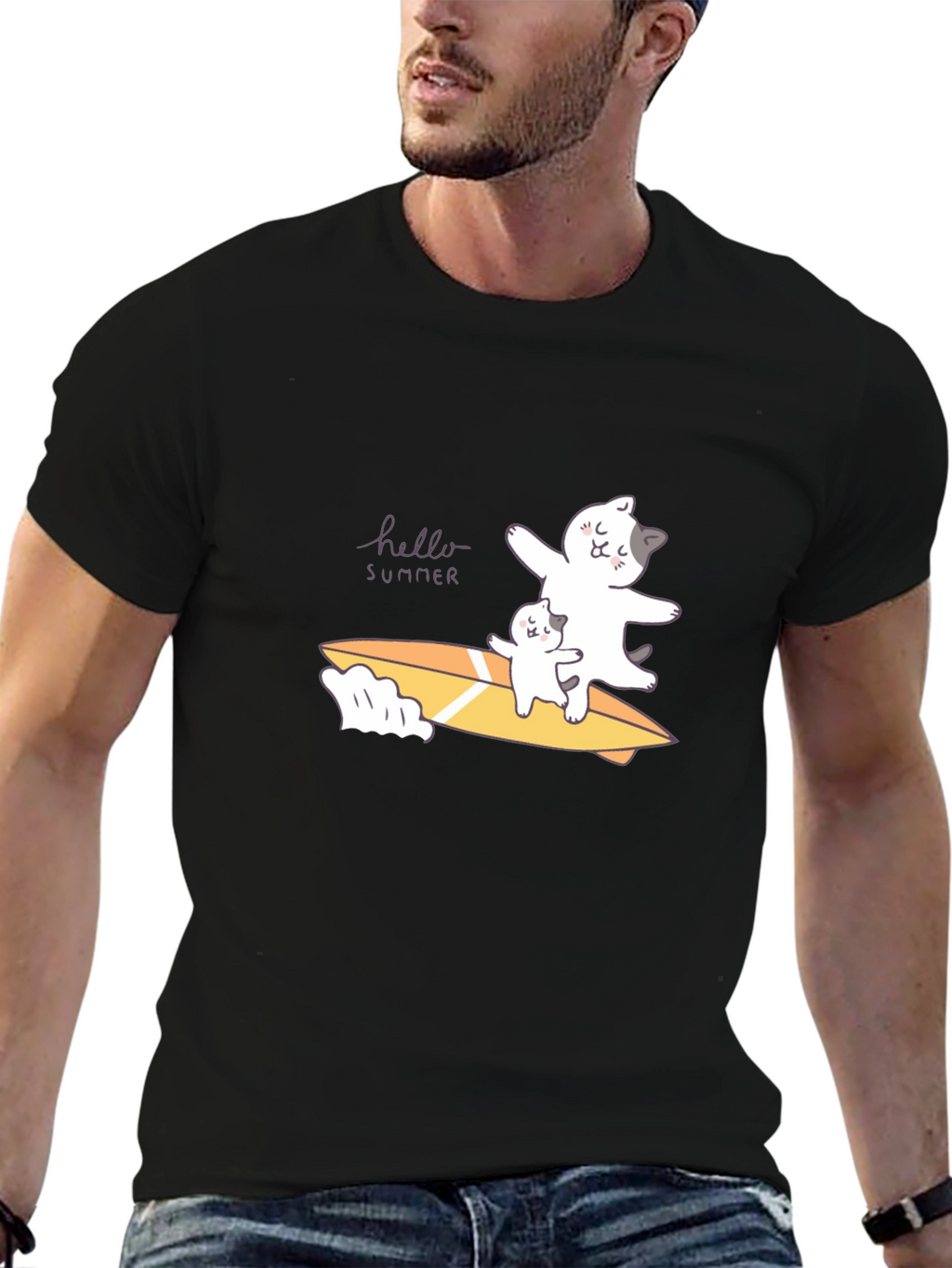 Summer Cats Surfboard Black T-Shirt