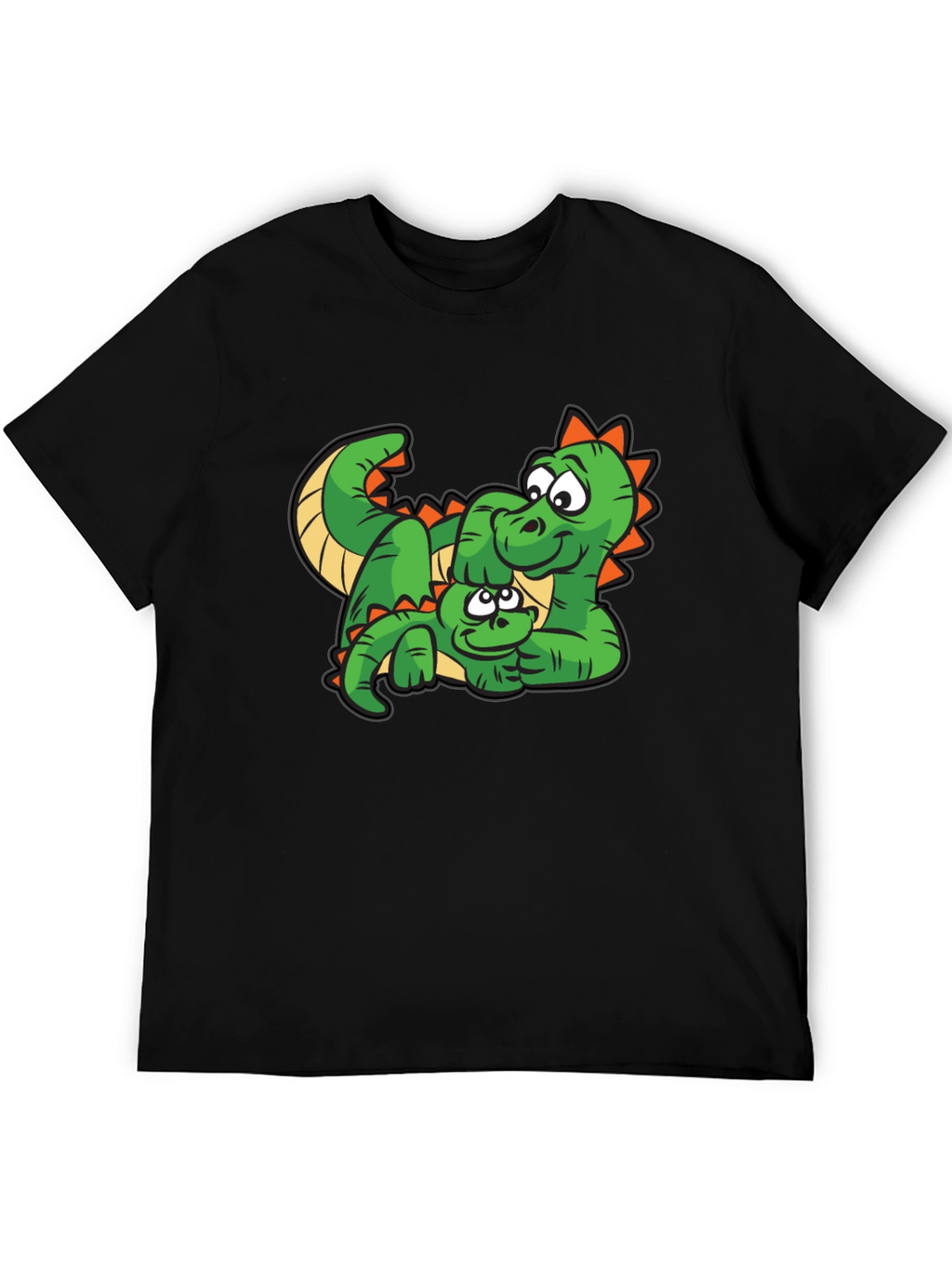 Cartoon Dinosaur Graphic Tee - Black Cotton