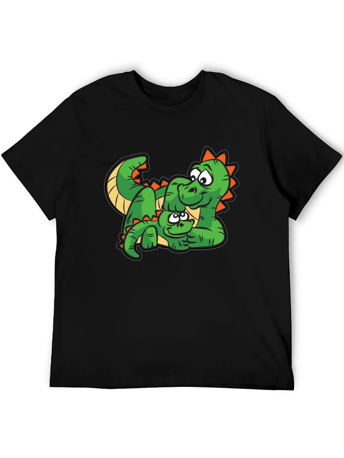 Cartoon Dinosaur Graphic Tee - Black Cotton