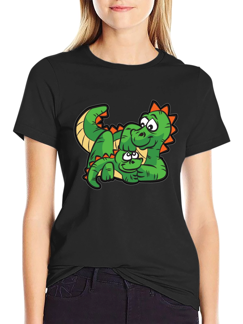 Cartoon Dinosaur Graphic Tee - Black Cotton