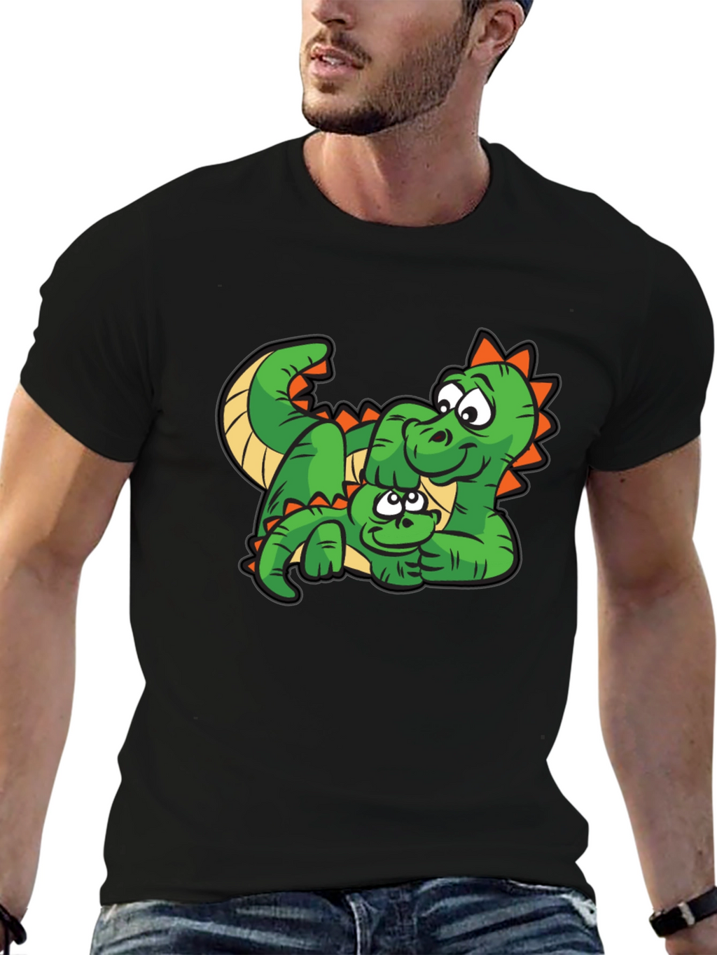 Cartoon Dinosaur Graphic Tee - Black Cotton