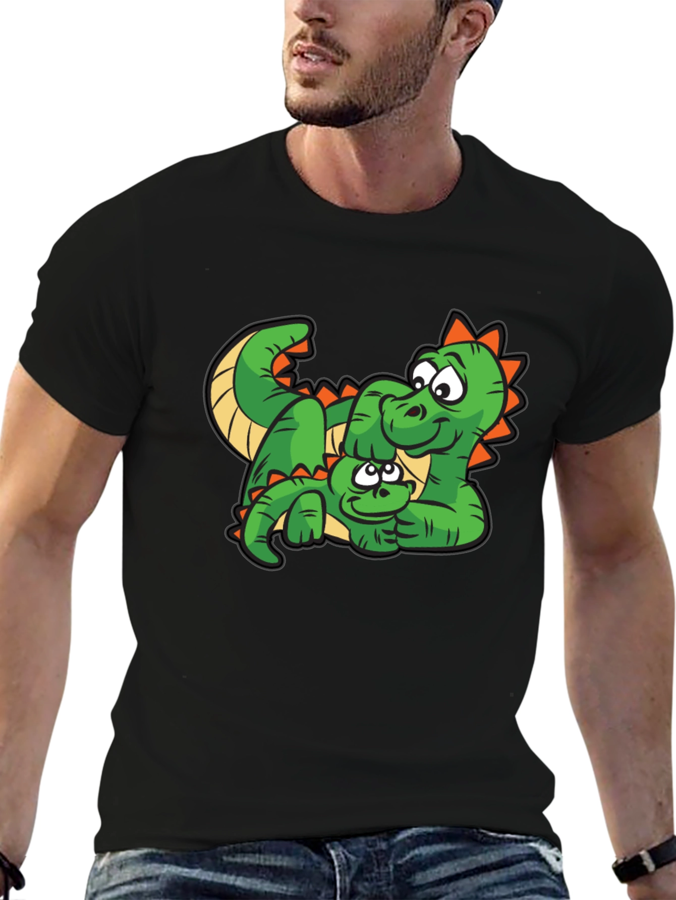 Cartoon Dinosaur Graphic Tee - Black Cotton