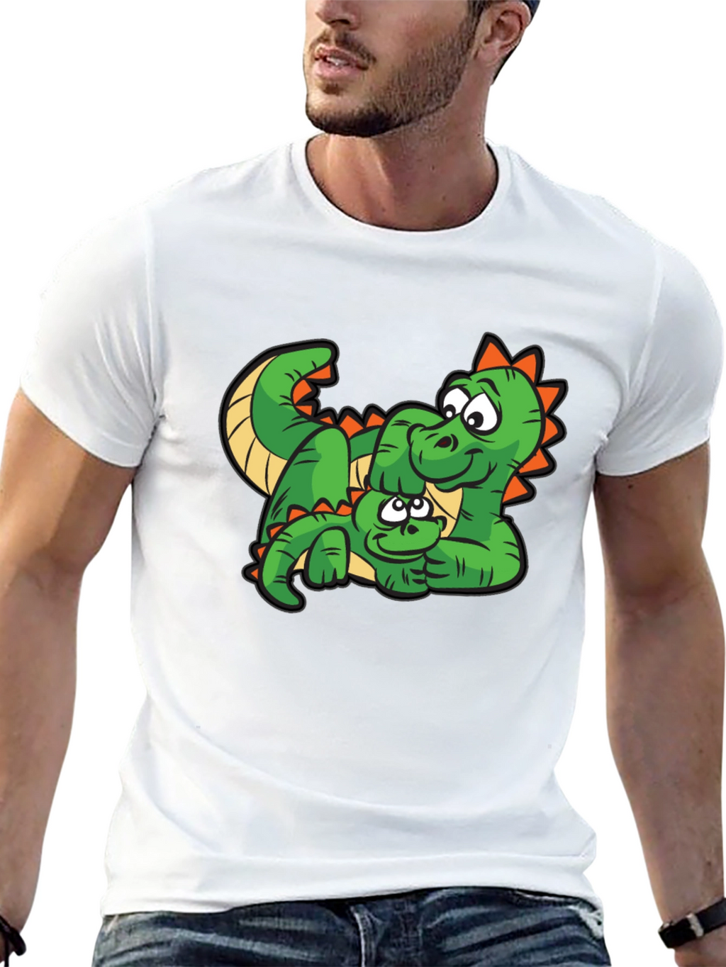 Cartoon Dinosaur Graphic Tee - Black Cotton