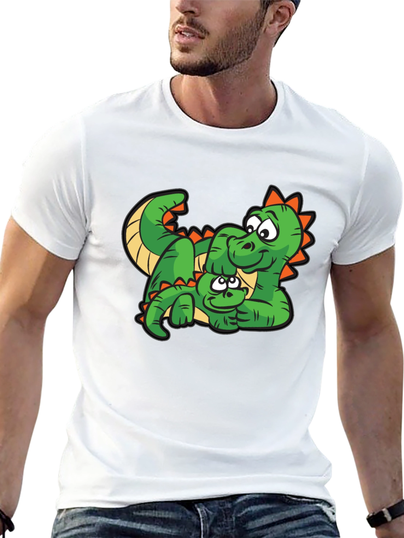 Cartoon Dinosaur Graphic Tee - Black Cotton