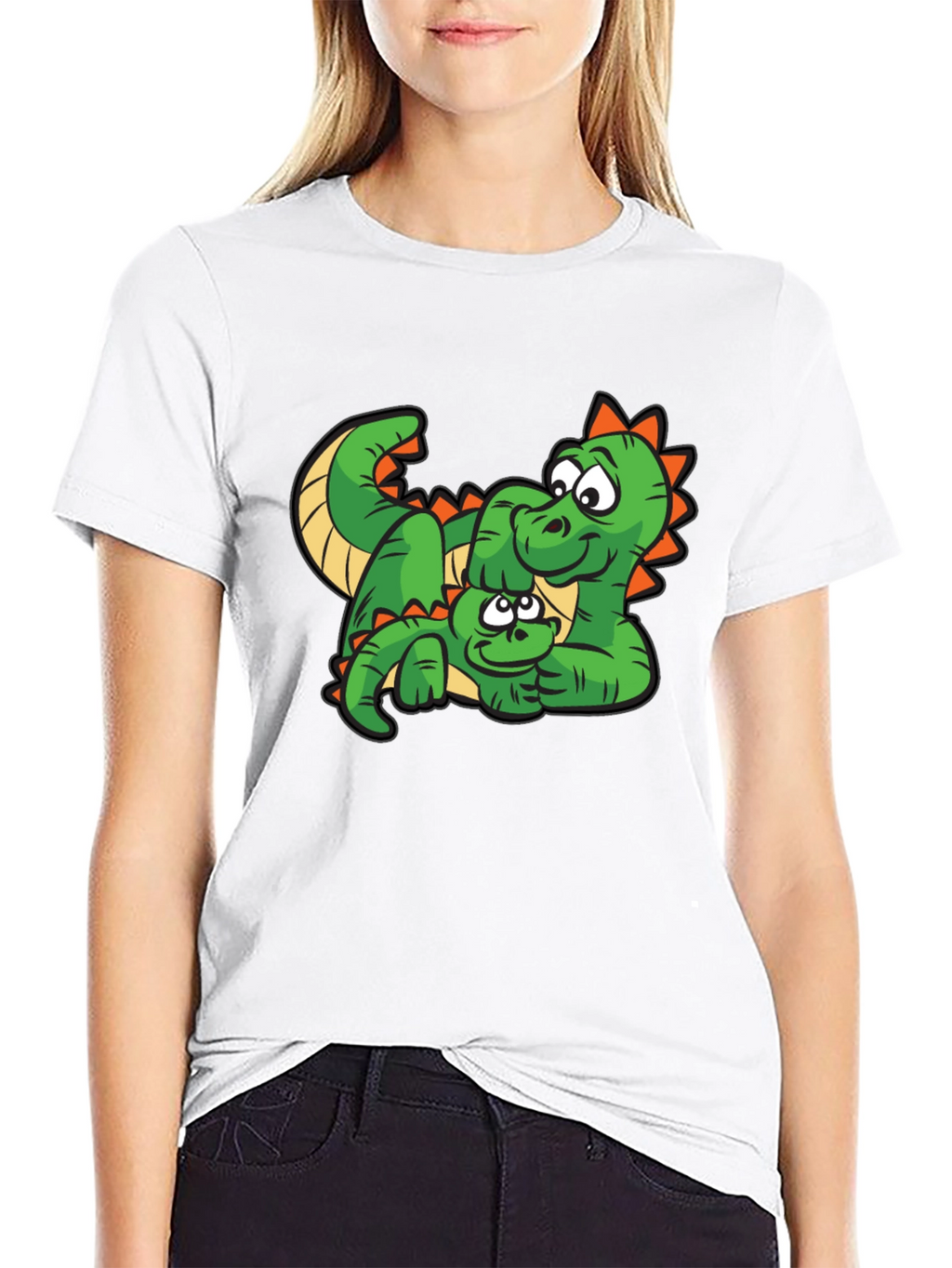 Cartoon Dinosaur Graphic Tee - Black Cotton