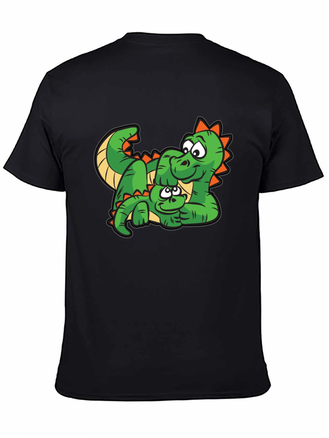 Cartoon Dinosaur Graphic Tee - Black Cotton