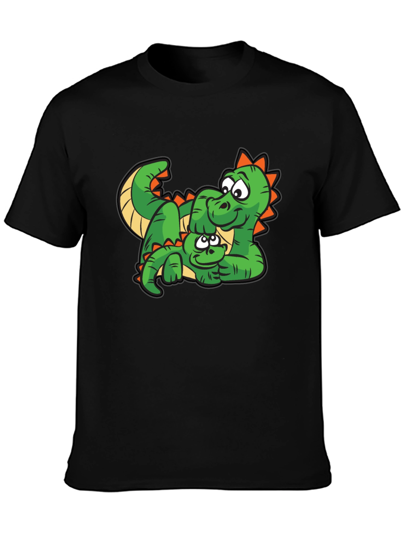 Cartoon Dinosaur Graphic Tee - Black Cotton