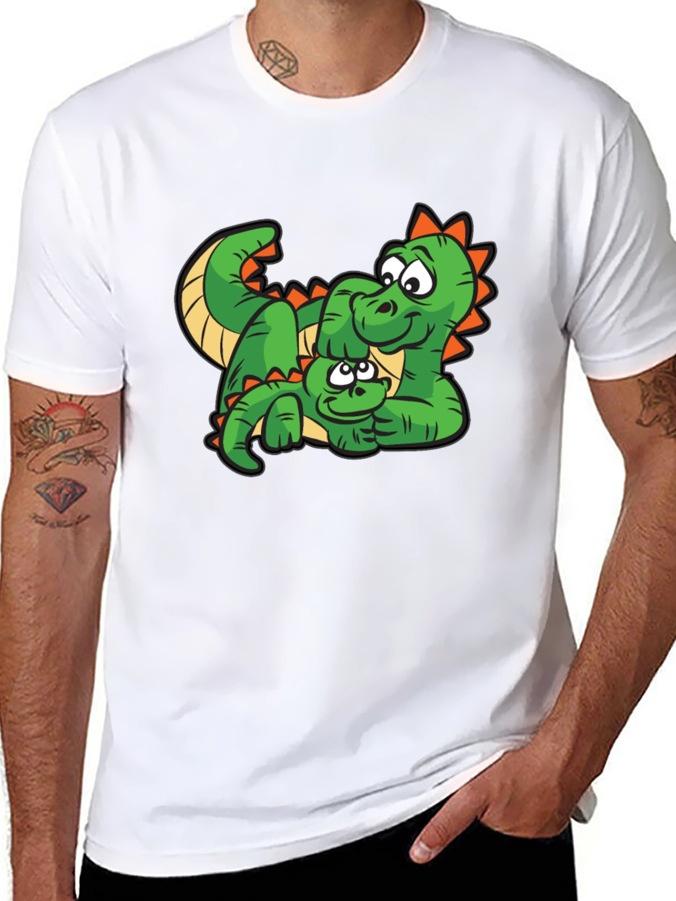 Cartoon Dinosaur Graphic Tee - Black Cotton