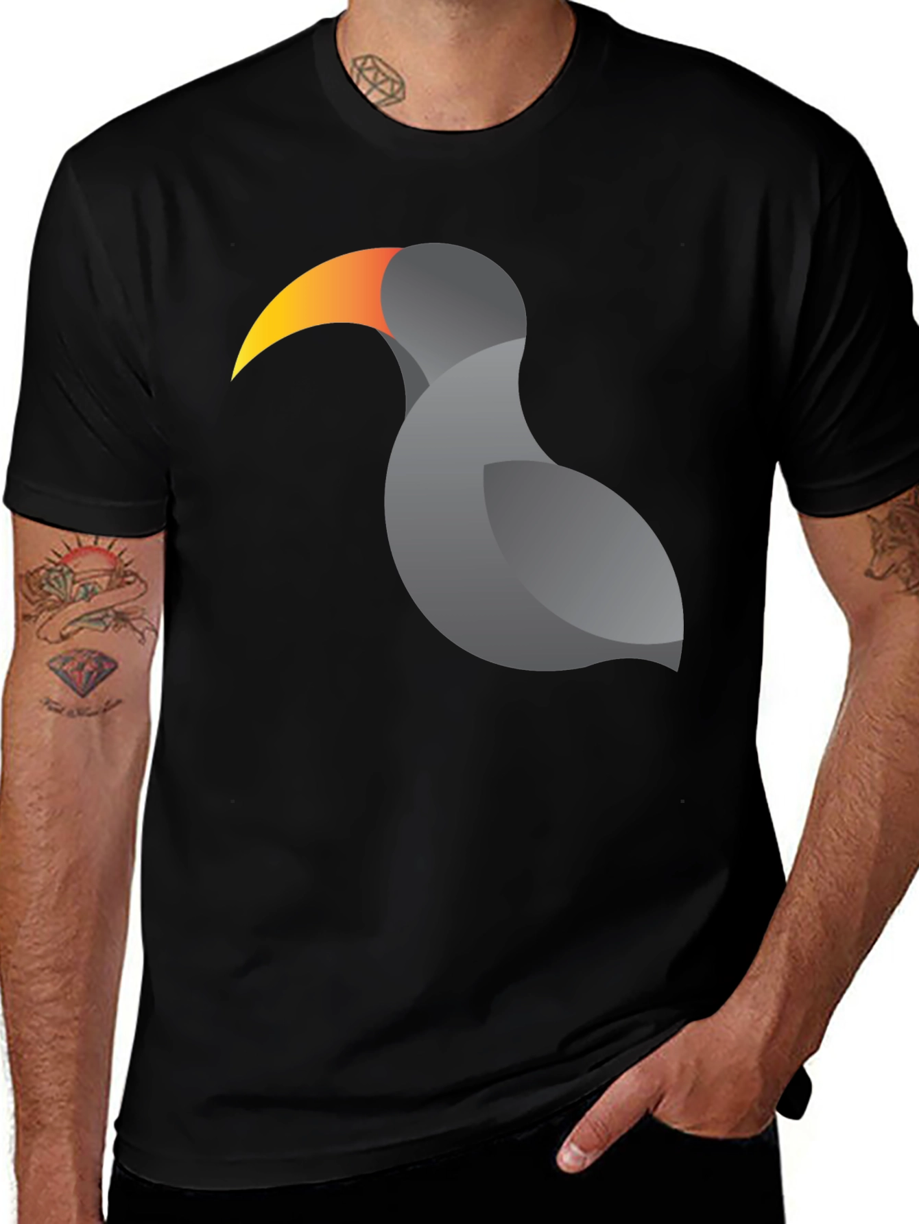 Stylized Toucan Graphic Print Black T-Shirt