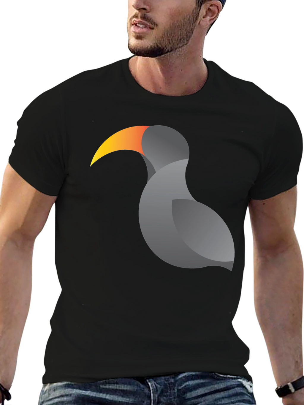 Stylized Toucan Graphic Print Black T-Shirt