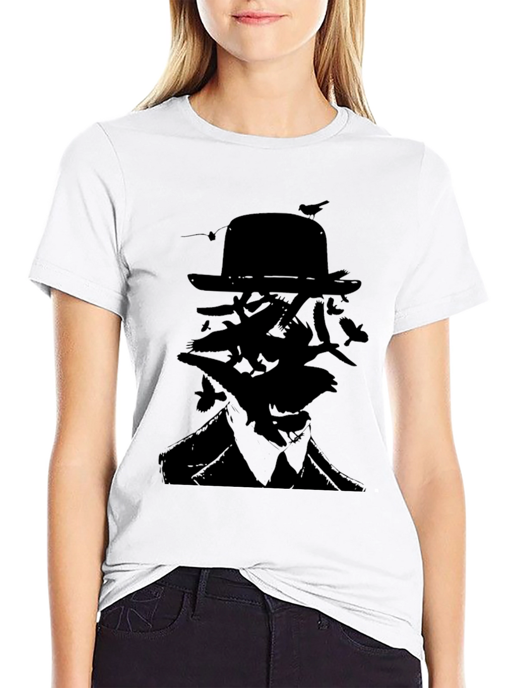 Mysterious Man Bird Silhouette Black T-Shirt