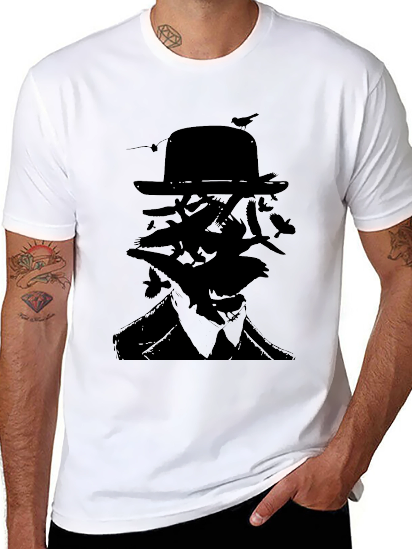 Mysterious Man Bird Silhouette Black T-Shirt