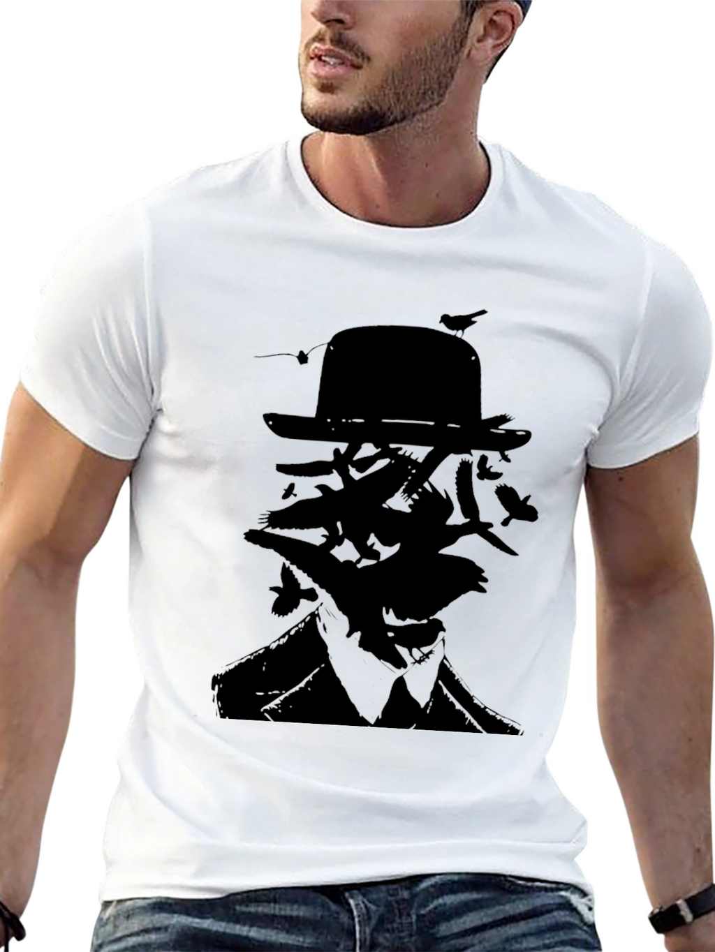 Mysterious Man Bird Silhouette Black T-Shirt