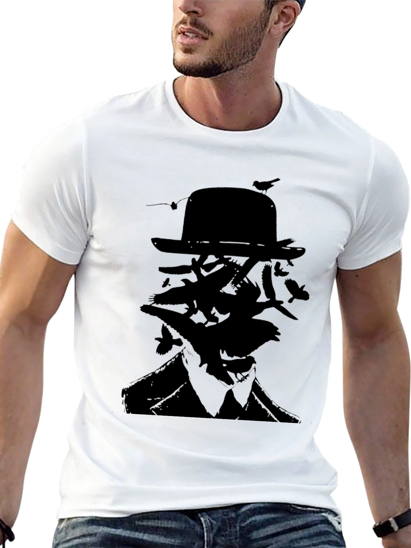 Mysterious Man Bird Silhouette Black T-Shirt