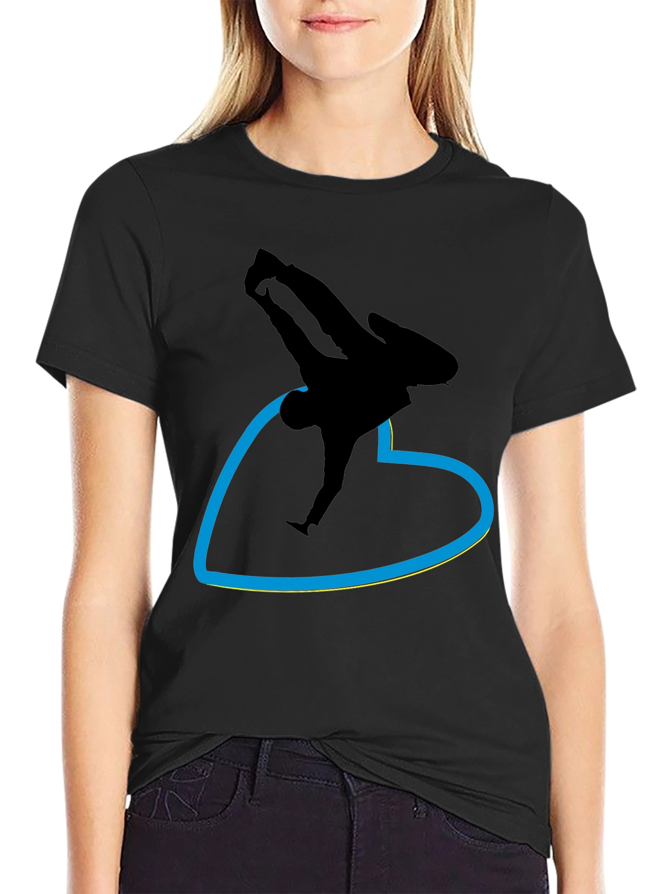 Black T-Shirt with Breakdancer Heart Graphic