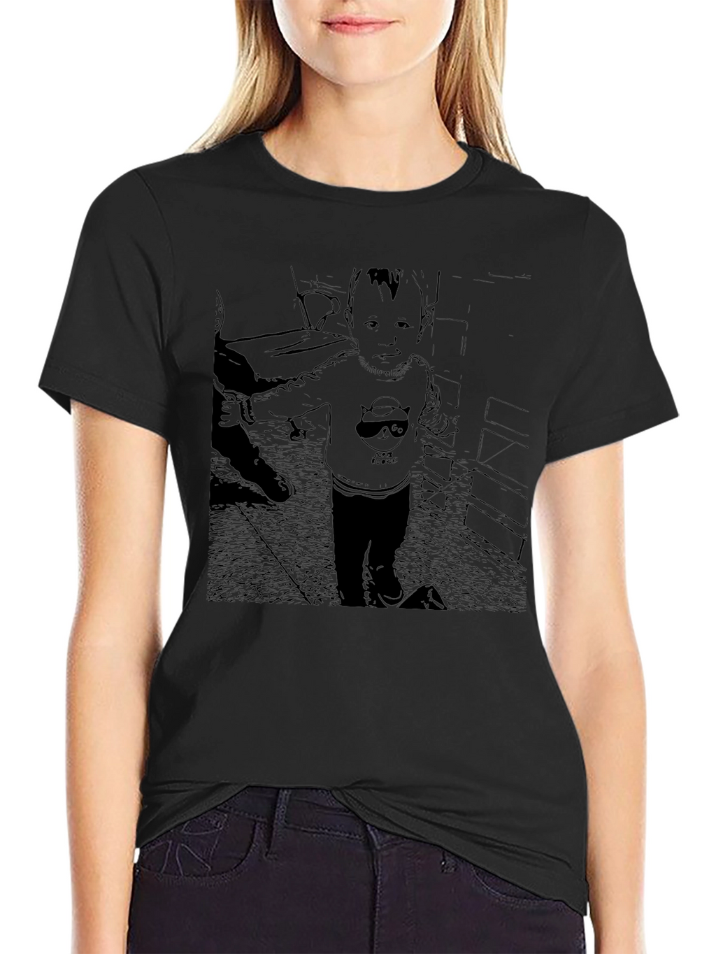 Black Graphic T-Shirt with Baby Print
