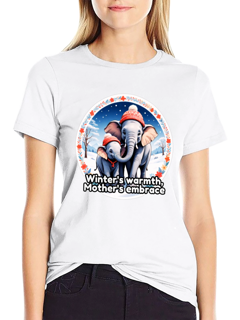 Elephant Mothers Embrace Winter T-Shirt