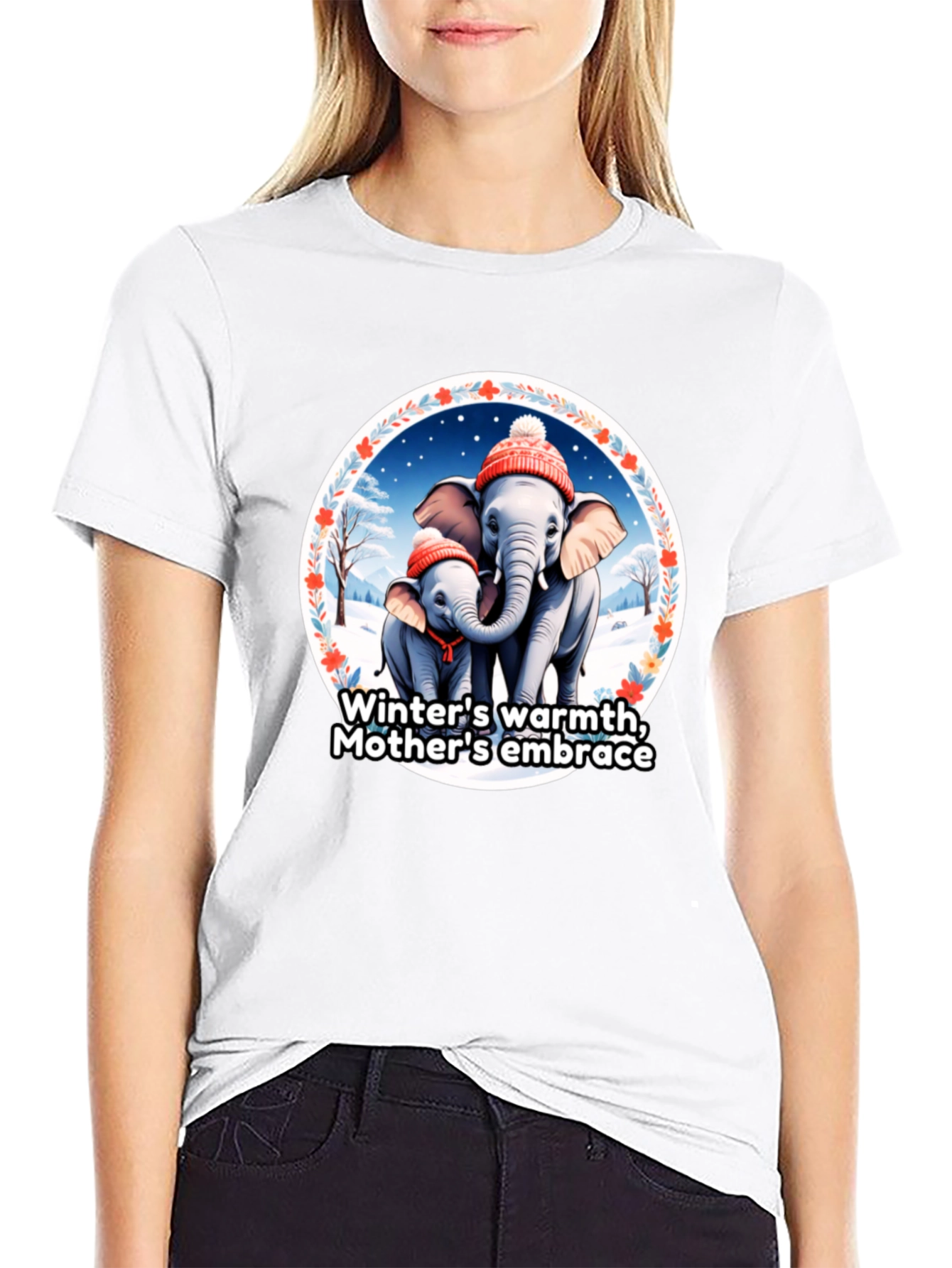 Elephant Mothers Embrace Winter T-Shirt