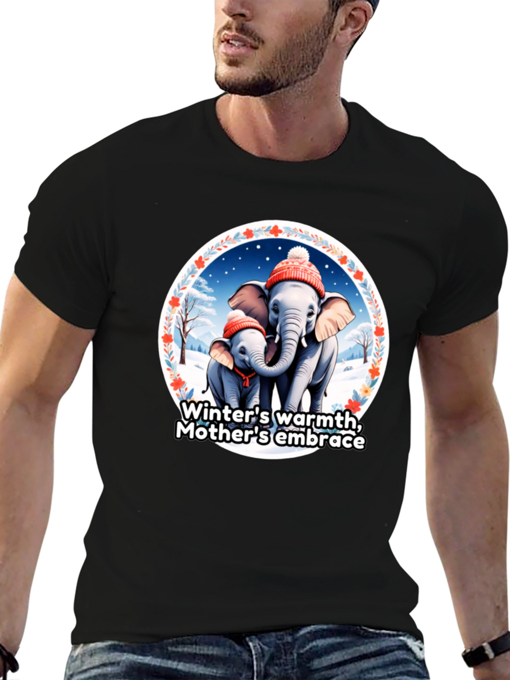 Elephant Mothers Embrace Winter T-Shirt