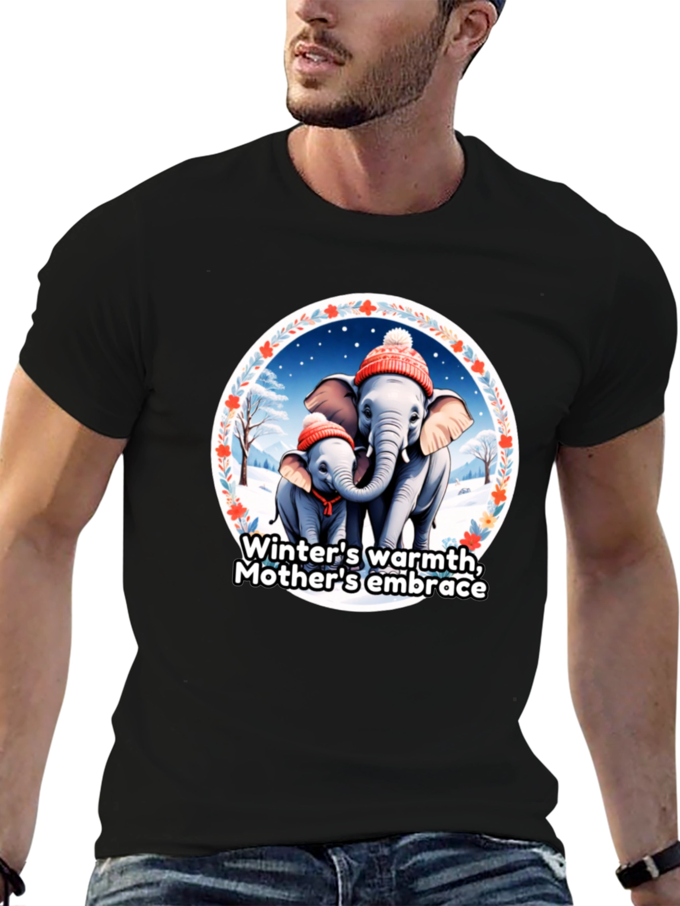 Elephant Mothers Embrace Winter T-Shirt