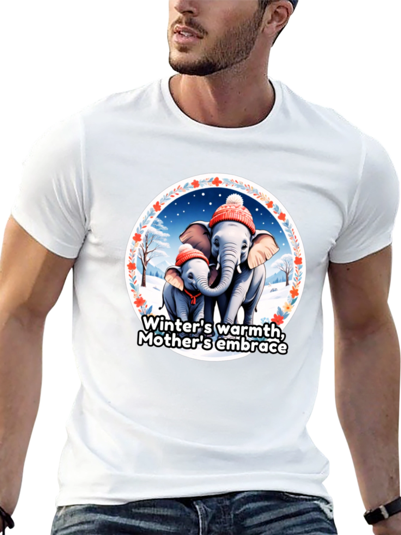 Elephant Mothers Embrace Winter T-Shirt