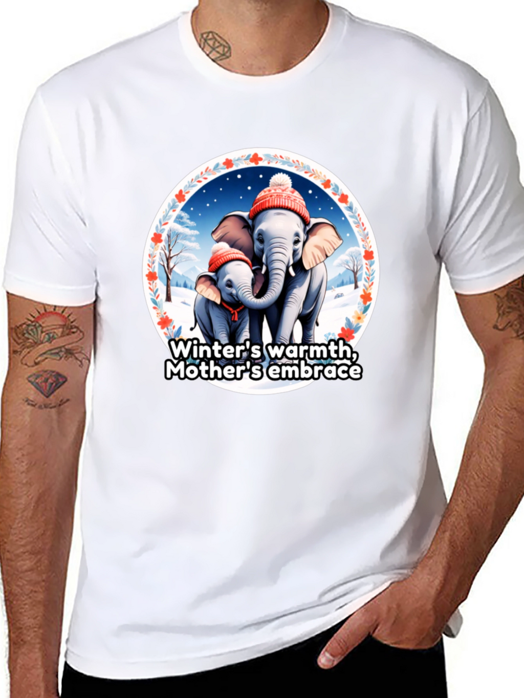 Elephant Mothers Embrace Winter T-Shirt